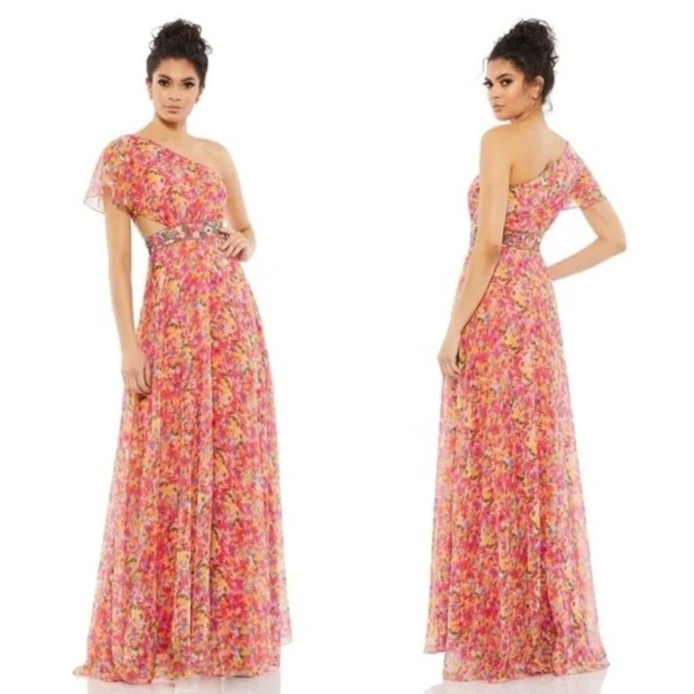 NWT Mac Duggal 9157 One Shoulder Butterfly Sleeve Floral Gown Size 2